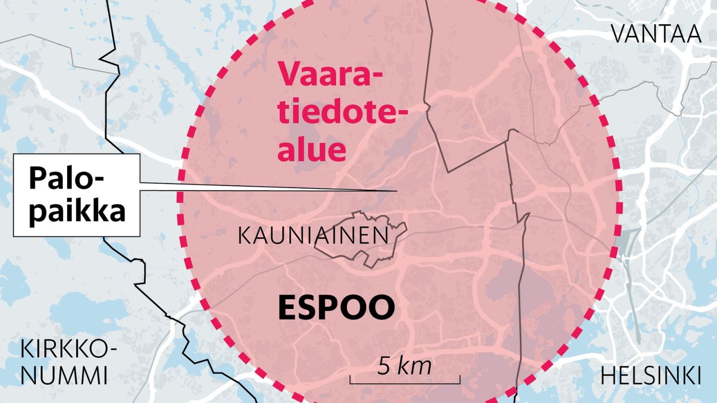 Espoon tulipalon vaaratiedotteen alue oli liian laaja